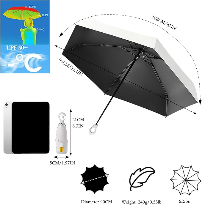 Mini Compact Folding Travel Umbrella with Carabiner Ring Handle,Fiberglass Ribs,UV Protection,UPF 50+ UV Sun Rain Protection,Lightweight Small,Handbag,Teflon Coating,Women Kids