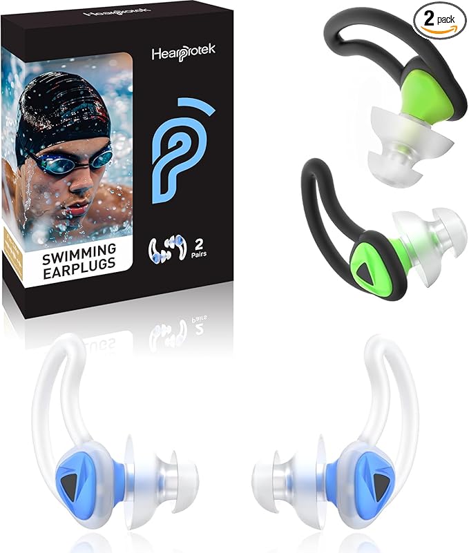 Ear Plugs for Swimming–2 Pairs Soft Silicone Reusable Waterproof Earplugs for Adults & Men Women, Custom Fit for Swimmers Ear, Pool, Beach, Snorkeling, Surfing, Kickboard Training(Blue&Green)