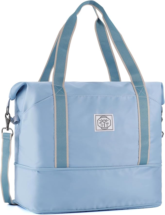WALNEW Travel Duffel Bag, Weekender Overnight Carry On Bag for Women Men, Foldable Waterproof Gym Luggage with Metal Buckle Detachable Shoulder Strap and Wet Compartment (Light Blue)