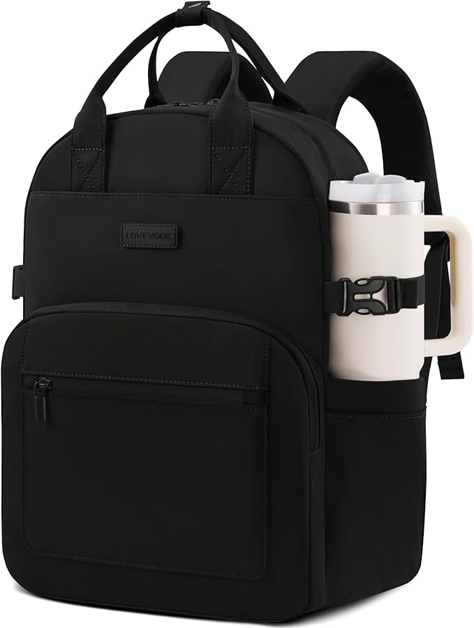 LOVEVOOK Laptop Backpack for Women - Stylish Work Backpack with Large Cup Holder, Waterproof College Teacher Backpack, Black, 17Inch
