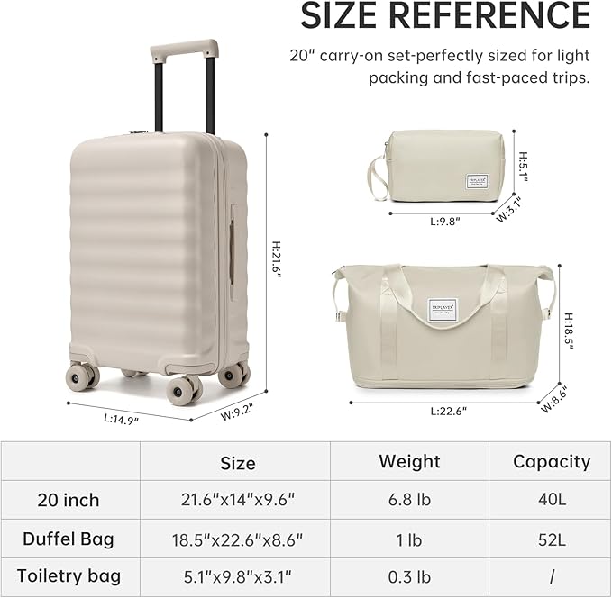 Luggage Sets 3 Piece, Carry On Luggage 22x14x9 Airline Approve PC Hardside Suitcase Set with Wheels TSA Lock, Durable Carry-On Suitcase with Duffel Bag for Women (Oysters)