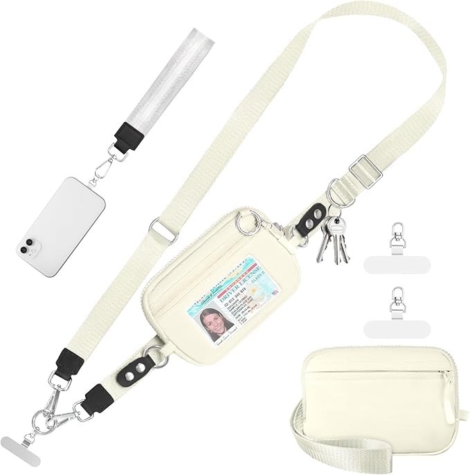 Tiostep Clip and Go Strap for Phone with Wallet Crossbody Phone Lanyard Adjustable and Detachable Wristlet Wallet with ID Window and Zipper, Beige