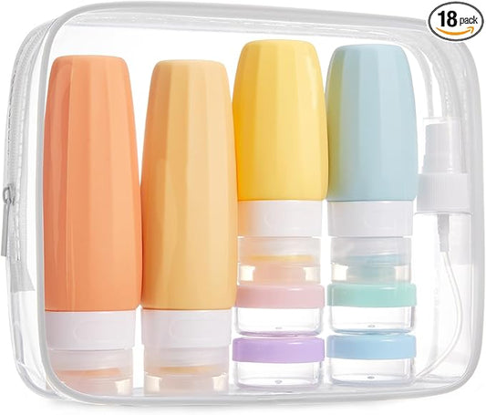 BAGSMART 18 Pack TSA Approved Travel Bottles for Toiletries, Leak Proof Silicone Travel Size Containers Bottles for Shampoo, Macaron