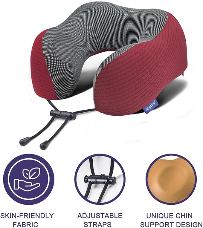 napfun Neck Pillow for Travel with Travel Pouch, Sleep Mask & Earplugs, Memory Foam Airplane Pillow for Headrest Sleep with Eyeshades, Plane Essentials with Eye Blindfold, Burgundy Striped Kit