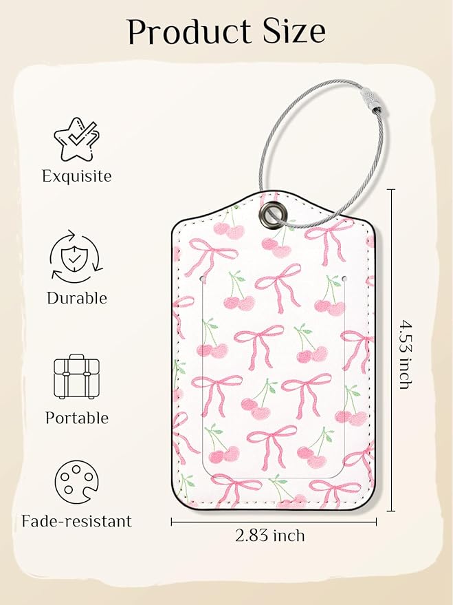 Seorsok 2Pcs Luggage Travel Tags for Suitcases,Ribbon Bow PU Leather Name Tag with Privacy Cover&ID Label Address Card and Durable Metal Ring Suitable for Men Women Handbags Backpack,Pink Cherry