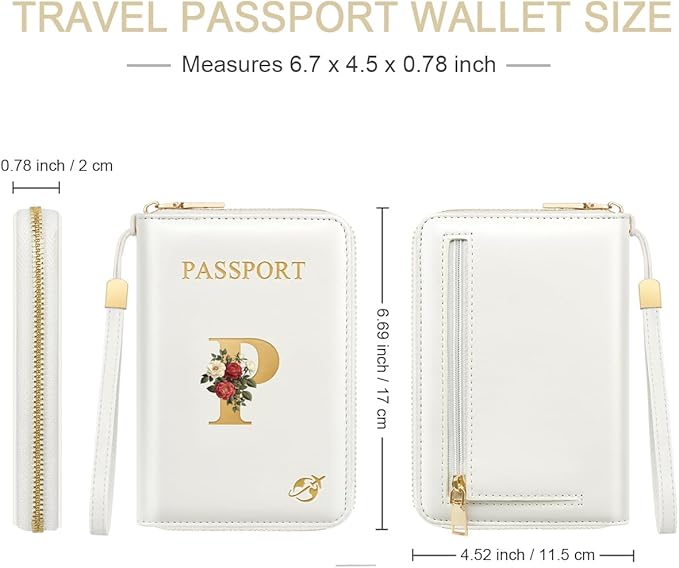 Passport Holder for Travel Personalized Passport Holder Initial Letter Rose Flower RFID Blocking Travel Wallets Credit Cards Holder for Women Men, White P