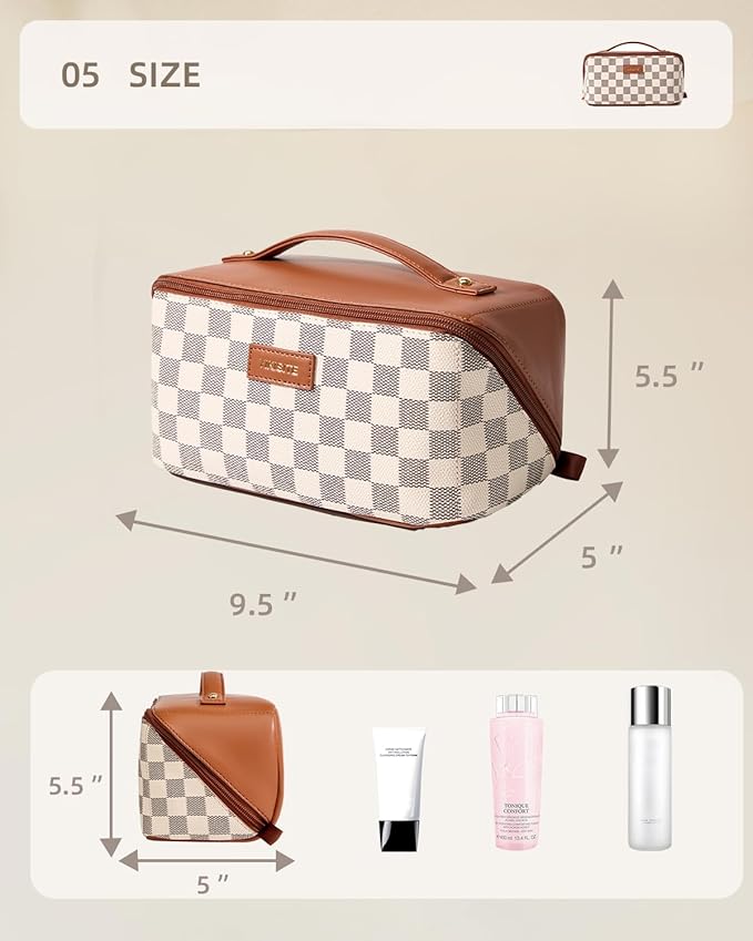 Cosmetic Bag Travel Makeup Bag, Open Flat Makeup Bags for Women, Waterproof Portable Pouch Toiletry Bag Make up Organizer with Divider and Handle Travel Essentials（A-brown Medium）