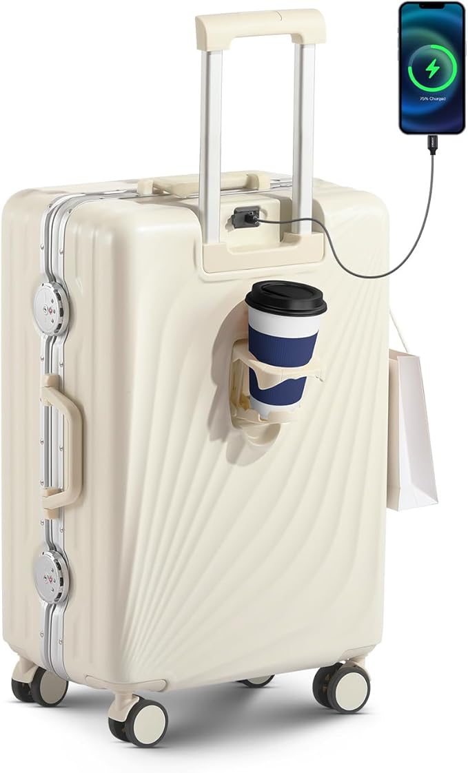 20 Inch Carry On Luggage, Zipperless Luggage with Spinner Wheels, Airline Approved Suitcase with Cup Holder, TSA Lock and USB Charger for Travel, Ivory White
