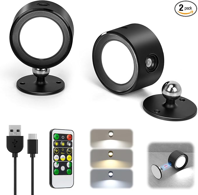 LED Wall Lights 2 Pcs, Wall Lamp 3 Color Temperatures & Dimmable Magnetic 360° Rotation with Remote, Cordless Wall Sconces with 3000mAh Rechargeable Battery, for Reading Bedside Hallway(Black)