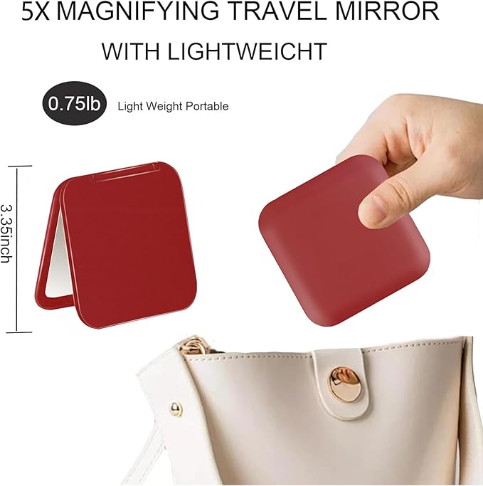 CYHTSHFZ Small Compact Mirror for Purse,5X/1X Travel Magnifying Mirror for Women, Makeup Mirror for Girls, Portable Ultra Slim Pocket Mirror（Red）