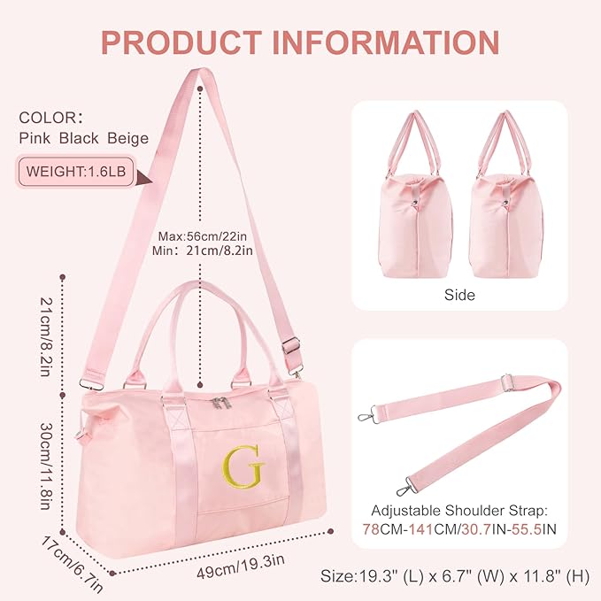 Personalized Initial Gym Dance Bag, Travel Duffel Bag for Teen Girls, Carry On Bag Overnight Weekender Bag with Trolley Sleeve, Birthday Gifts for Women Mom Daughter Graduation Gift(Letter G, Pink)