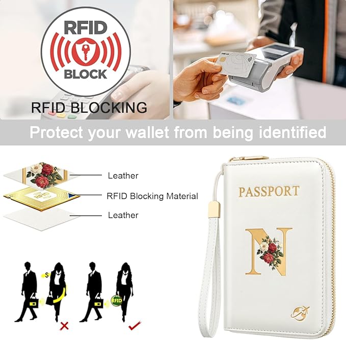 Passport Holder for Travel Personalized Passport Holder Initial Letter Rose Flower RFID Blocking Travel Wallets Credit Cards Holder for Women Men, White N
