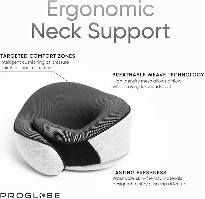 Proglobe Travel Neck Pillows for Airplanes, Sleeping Essentials for Long haul Flights, 360° Head Support, Car and Airplane Kit with 3D Contoured Eye Mask, Earplugs and Luxury Mesh Bag (Adult, Grey)