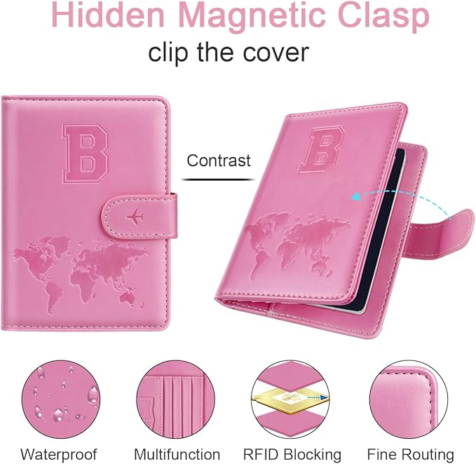 Passport Holder Cover Initail Letter A-Z Travel Wallet Embossed Design RFID Blocking Card Holder Personalized Gift Passport Cover Wallet, Passport Book Holders for Women and Girls, Pink-B