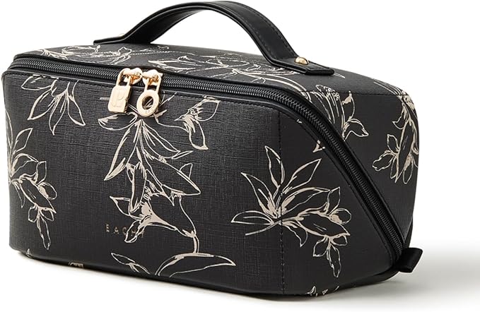 EACHY Travel Makeup Bag, Large Capacity Cosmetic Bags for Women, Waterproof Portable Pouch Open Flat Toiletry Bag Pattern Make up Bag (F-Black)