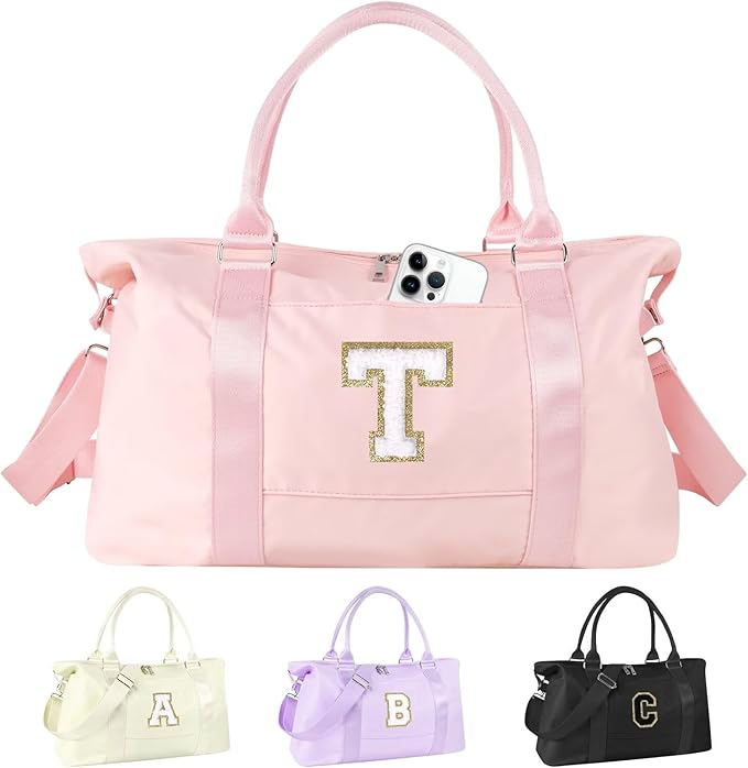 Dance Gym Duffel Bag for Teen Girls, Personalized Initial Travel Weekender Bag,Cute Overnight Carry On Duffle for Women,Sports Travel Cheer Bag,Monogram Christmas Gifts for Tween Preppy(pink-T)