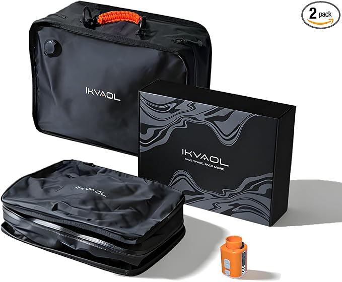 Vacuum Bags for Travel with Pump,Reusable Compression Packing Cubes to Save Space for Luggage and Backpack with IP68 Waterproof,Vacuum Seal Bags for Clothing travel (Black, 2Pack)
