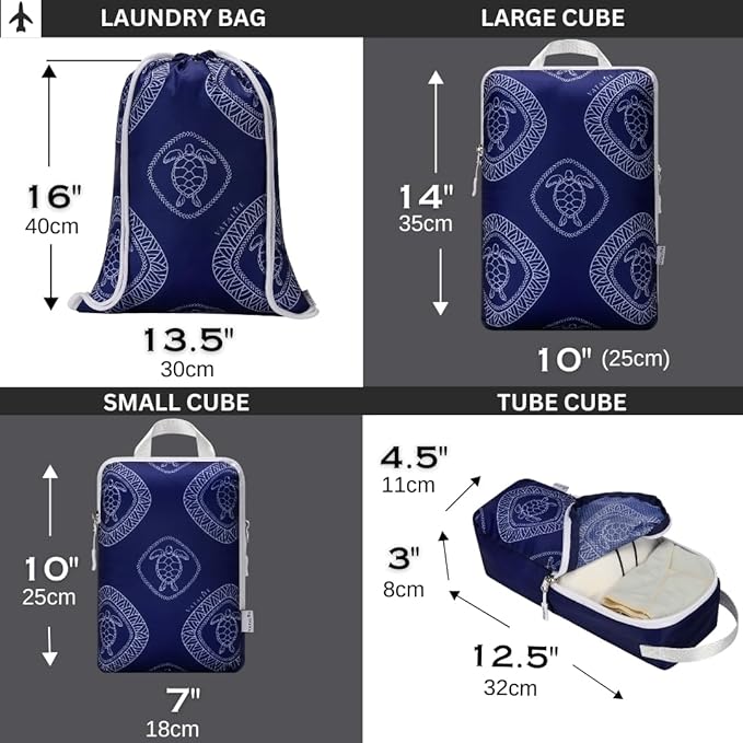 6-Set Compression Packing Cubes for Travel with Drawstring Backpack-Luggage Organizers for Suitcase-Water Resistant, Lightweight Vacation Essentials, Blue Turtle