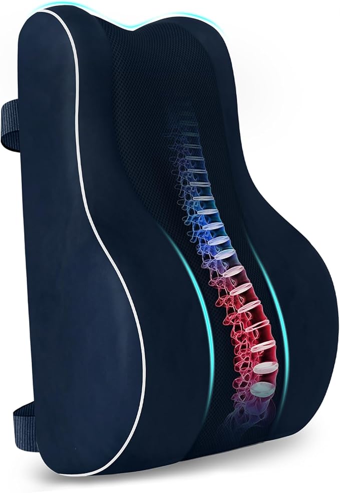 CloudBliss Ergonomic Lumbar Support Pillow – Memory Foam for Lower Back Pain Relief, Adjustable Straps & Mesh Cover for Office, Gaming, Car & Home Essentials (Blue)