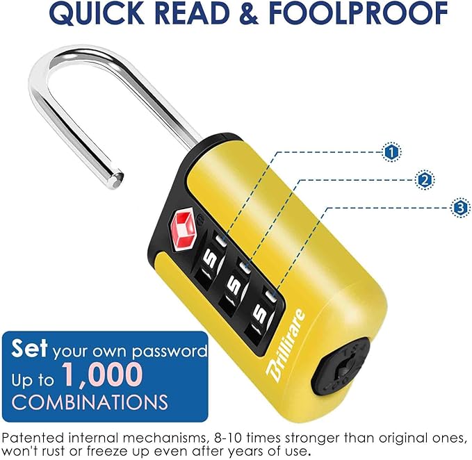 2 Pack TSA Approved Luggage Locks, Combination Travel Padlock, 3-Digit Waterproof Lock, TSA Outdoor Keyless Resettable Lock for Lockers, Bags, Backpack, Gym, Gate-Yellow
