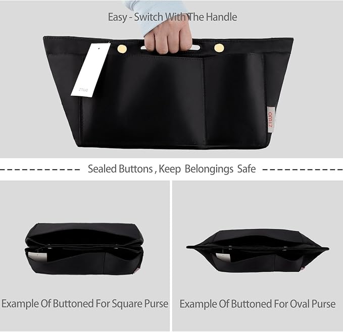 ZTUJO Purse Organizer Insert For Handbags, Silky Bag Organizer With 2 Zippers For Speedy Neverful Tote and More (Black, Large)