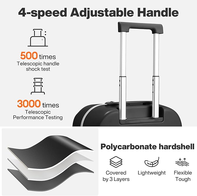 mixi 24 Inch Carry On Luggage 22x14x9 Airline Approved PC Hard Shell Suitcase Top Opening Aluminum Frame Travel Suitcases with Wheels, Blcak