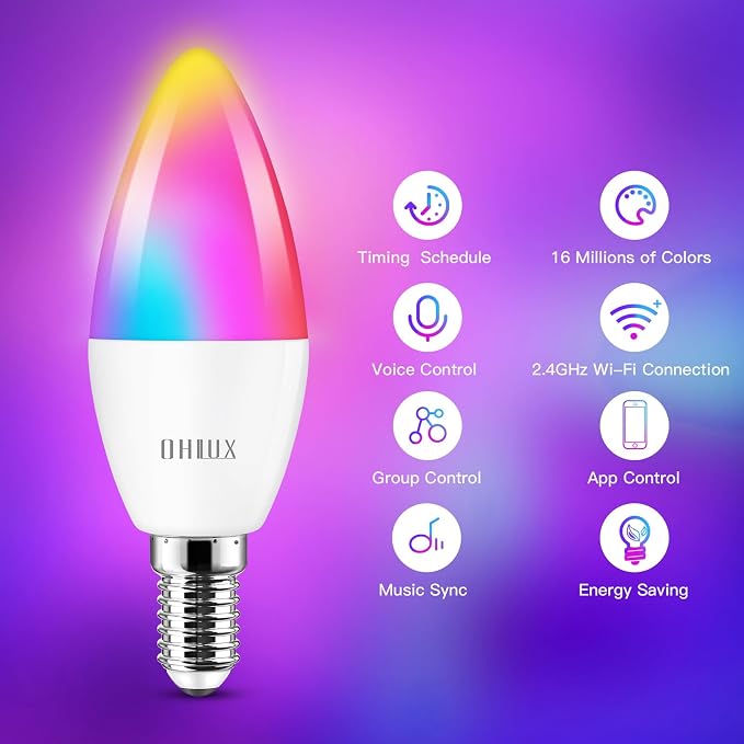 OHLUX 6 Pack E12 Smart Candelabra LED Light Bulbs, Color Changing Compatible with Google Alexa and Smart Life, 5W 40W Equivalent WiFi Candle Bulbs with Remote Control, Timer