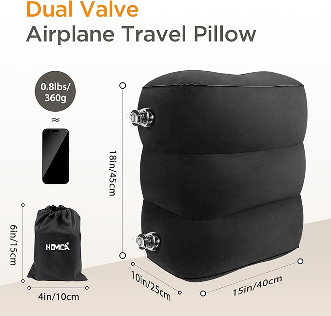 HOMCA Inflatable Travel Foot Rest Pillow (1-Pack) Adjustable Height Leg Pillow Fast Inflating Airplane Bed for Toddlers Footrest Pillow for Office, Airplane, Train, Cars, Home (Black)