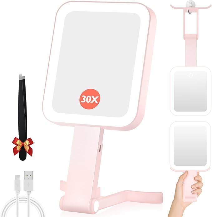 GOMIPURU Magnifying Travel Mirror with Light, 30X/1X Double-Sided Magnifying Mirror with 3 Color Lights, Brightness Adjustable,Foldable Handheld Makeup Mirrors Portable for Travel and Desktop Use,Pink