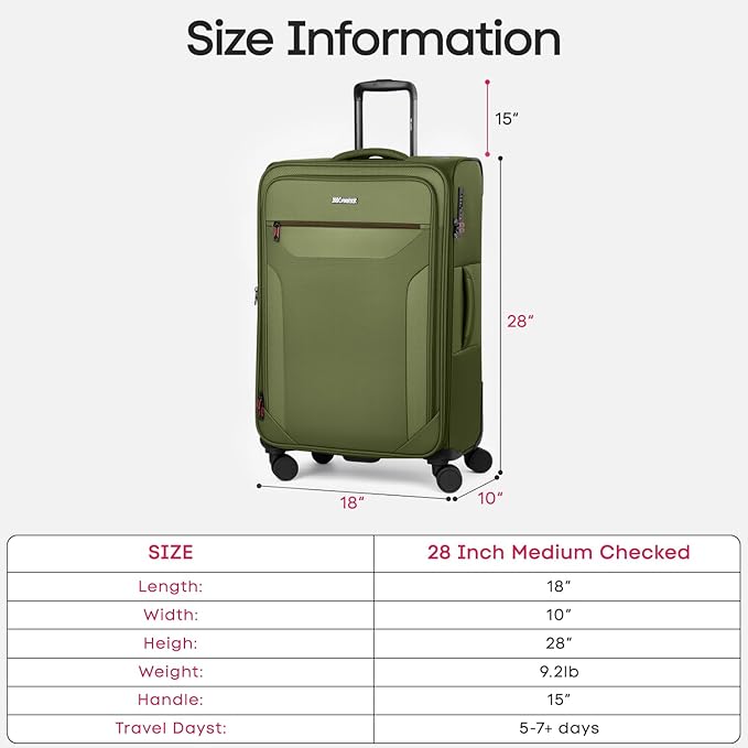 28 Inch Softside Expandable 20% Checked Luggage w/TSA LOCK and Spinner Wheels,Lightweight Upright Softshell Luggage for Men/Women（Green,28in）
