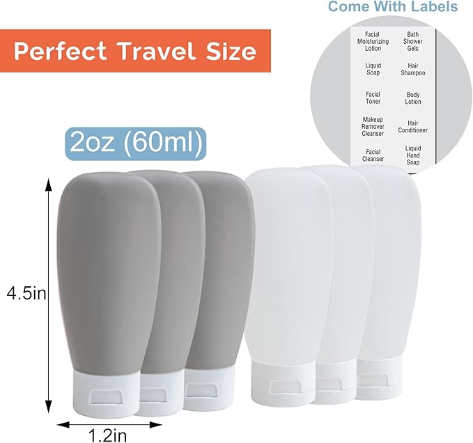 Travel Bottles for Toiletries 6 Pack, Leakproof 2 oz Tsa Approved Travel Size Containers, BPA Free Plastic Shampoo and Conditioner Bottles, Camping Travel Essentials (Black & White)