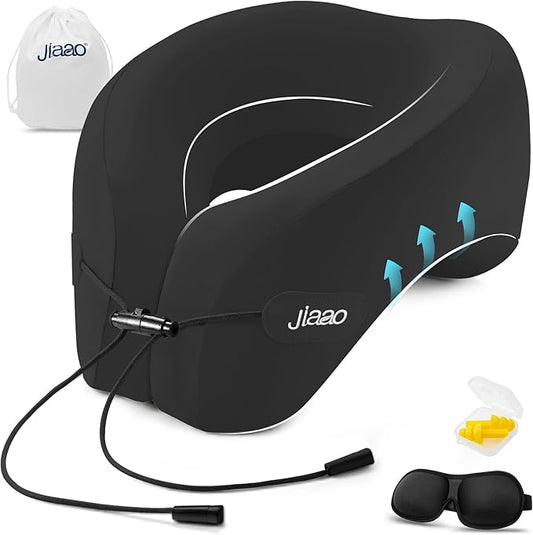 jiaao Travel Pillow Memory Foam Neck Support, Advanced Memory Foam Neck Pillow for Airplanes, Cars & Trains with Eye Mask, Earplugs & Storage Bag