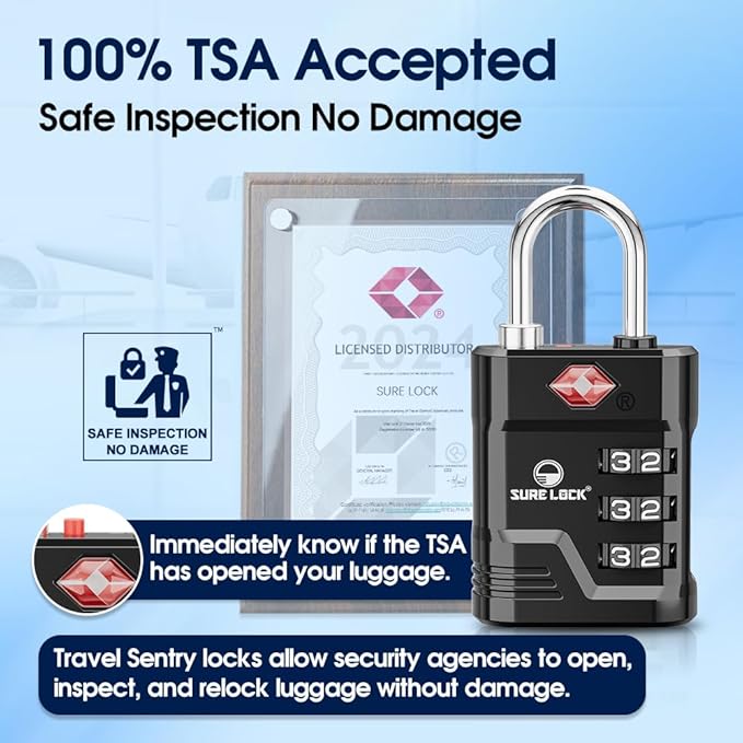 SURE LOCK TSA Approved Luggage Lock – 3-Digit Resettable Combination Padlock with Open Alert Red Dot, Large Easy-Read Dials for Suitcases, Backpacks, Gym & School Lockers(Black 6 pk)