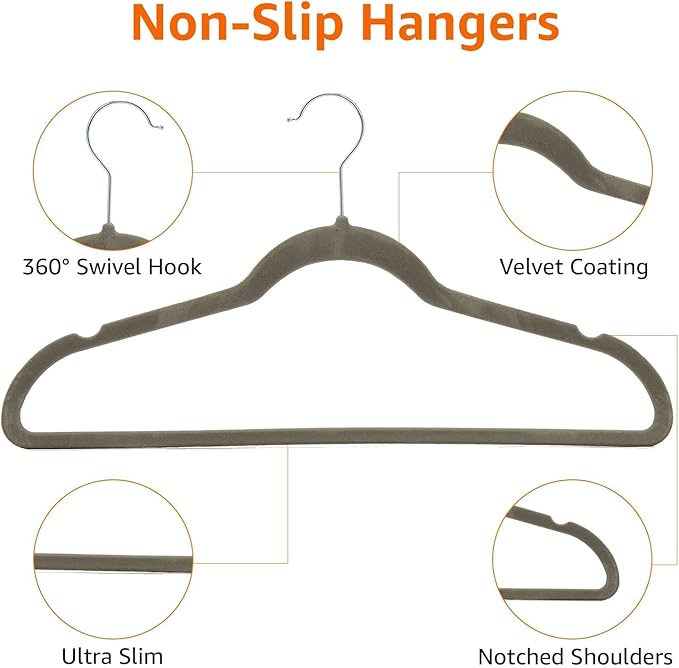Amazon Basics Slim Velvet Non-Slip Space Saving Suit Clothes Hangers, Closet Organizer, Gray/Silver, 50-Pack