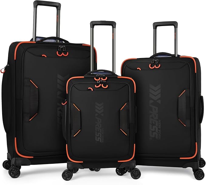 3-Piece Softside Upright Luggage Set with Front Open Pocket, Lightweight and Waterproof Durable Suitcase Sets Double Spinner Wheels（Black, 22in/26in/30in）