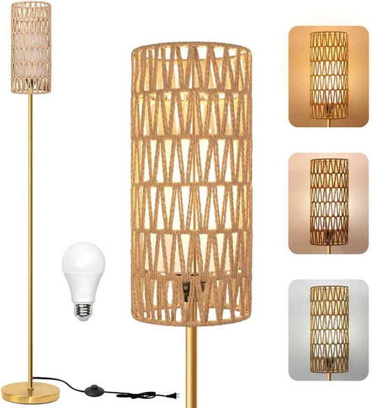 Ruiever Floor Lamp for Living Room,Farmhouse Floor lamp,Modern Standing lamp with Hand-Worked Rattan Shade (Round Rattan Shade Gold Color-3 Color Bulb)