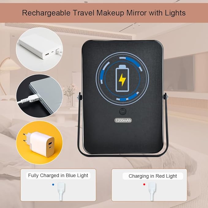 YEKKOPT Rechargeable Makeup Vanity Mirror with Lights, Small Desk Makeup Mirror with Lights, 3 Lighting Modes, Dimmable Touch Screen, Tabletop Light up Mirror