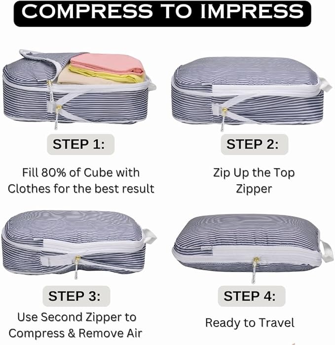 Extra Large Compression Packing Cubes for Checked Luggage, Lightweight Suitcase Organizers & Space Saver Bags - Travel Cubes for Packing - Travel Essentials - 2 Piece Set, X-Large - Grey Stripe