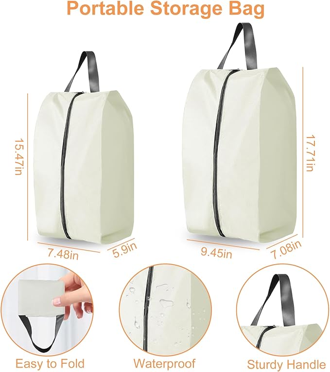 Shoe Bags for Travel Holds 3 Pair of Shoes, Shoe Storage Pouch with 2 Pack Portable Bags, Waterproof & Washable, Cream