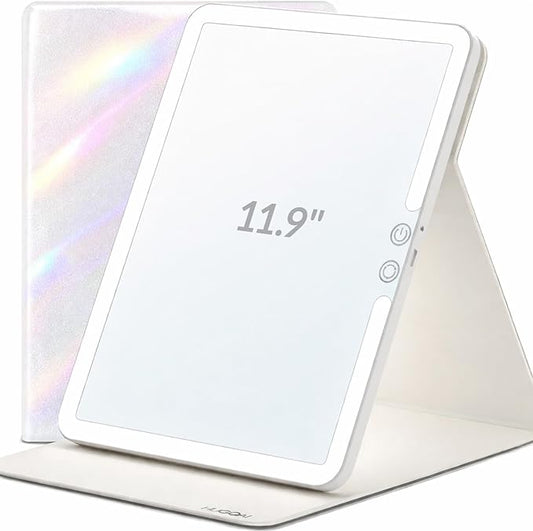 Travel Makeup Mirror with Lights, Lighted Vanity Mirror, 11.9", Iridescent Pearl White Leather