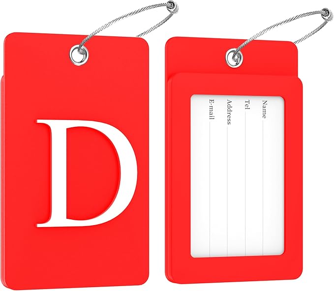 Gostwo 2 Pack Luggage Tags for Suitcases, 26 Initial Letter Travel Luggage Baggage Identification Labels ID Tag Fully Bendable Tags with Stainless Steel Loop (Red) (Letter D)