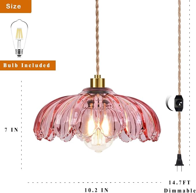 QIYIZM Pink Plug in Pendant Light Glass Hanging Lights with Plug in Cord Boho Hanging Lamp Gold Mid Century Modern Vintage Dimmable Flower Plug in Chandelier Ceiling Fixture for Living Room,Bedroom