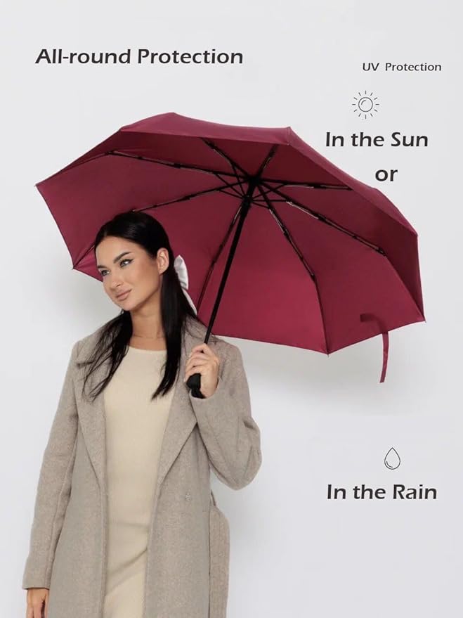 Windproof Travel Umbrella - Compact, Light, Full Automatic Open/Close - Folding Backpack Umbrella for Rain & Sun UV Preotection For Men & Women, Unbreakable 8 Fiberglass Ribs UK Design