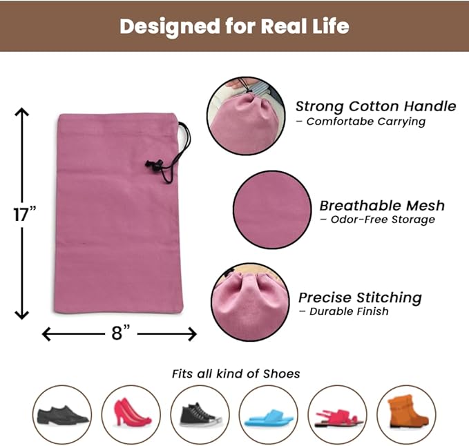 LFH Cotton Rich Shoe Storage Bags with Drawstring, Dustproof Breathable Reusable Organizer, Perfect For Travel, Dorm, Hotel, College, Gym, Easy to Carry, Machine Washable 8"x17" (Pack of 2) - Pink