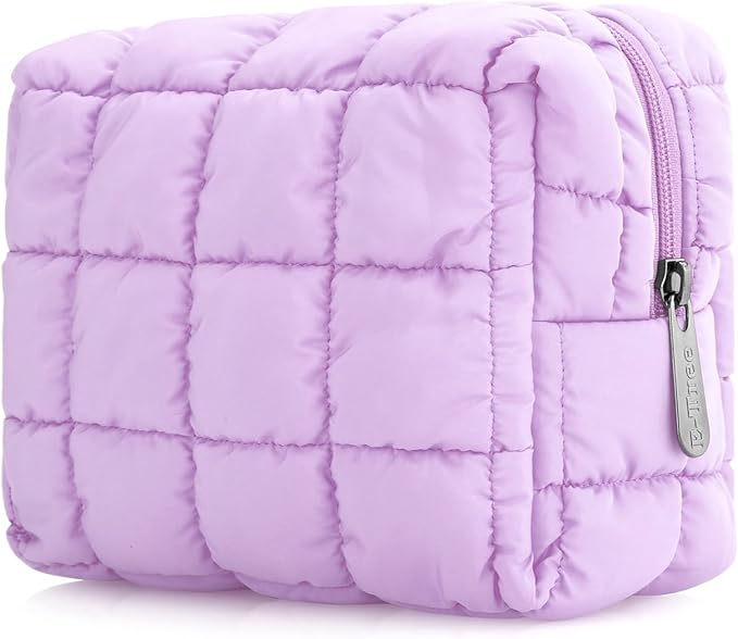 E-Tree Cute Makeup Bag,Quilted Cosmetic Bag for Women,Make up Pouch for Purse,Toiletry Zipper Pouch,Checkered Bag,Travel Case,Storage Pouches for Organization (Purple)