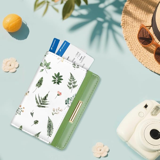 Passport Holder Cover Travel RFID Blocking Passport Cover Cute Flowers Passport Wallet with Elastic Band for Women, Green Plants