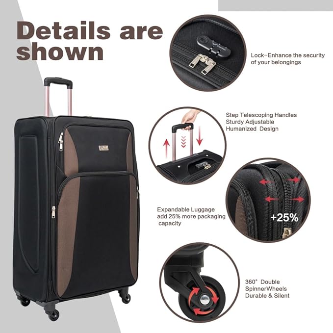 Lispin Luggage Set Softshell Expandable 4 Piece Suitcase with Wheels Softside Lightweight Travel Carry on Luggage (Black + Polyester)