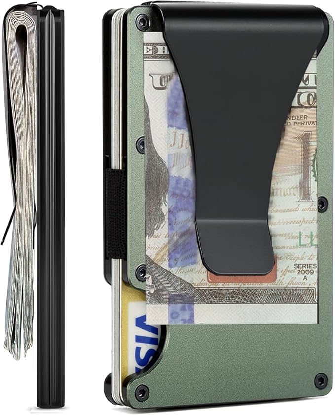 Carbon Fiber Minimalist Wallet for Men Credit Card Holder Money Clip & Cash Strap Slim RFID Mens Wallets(Matt Green)