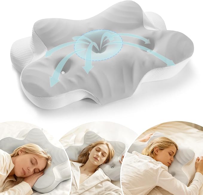Cervical Pillow for Neck and Shoulder, Ergonomic Memory Foam Pillows for Sleeping, Dual Ear Relief Zone Contour Pillow,Support Pillow for Side Back Stomach Sleepers (Gray)