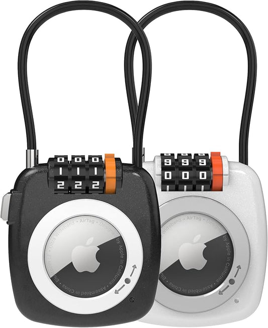 Compatible with Apple AirTag Secure Lock with Wire Cable, 3-Digit Combination Luggage Locks, Alloy Body Ultra Durable Anti-Lost Protective Case for Luggage, Suitcase (Black/White)